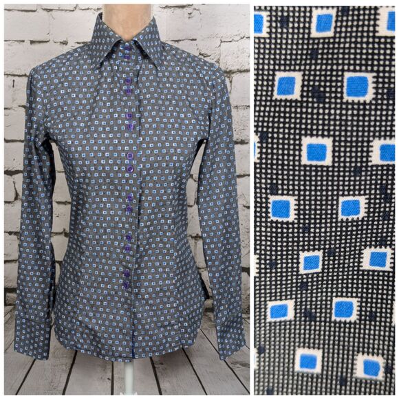 JARED LANG Gray & Blue Geometric Print Fitted Cotton Shirt Preppy Size 2 - Picture 1 of 12